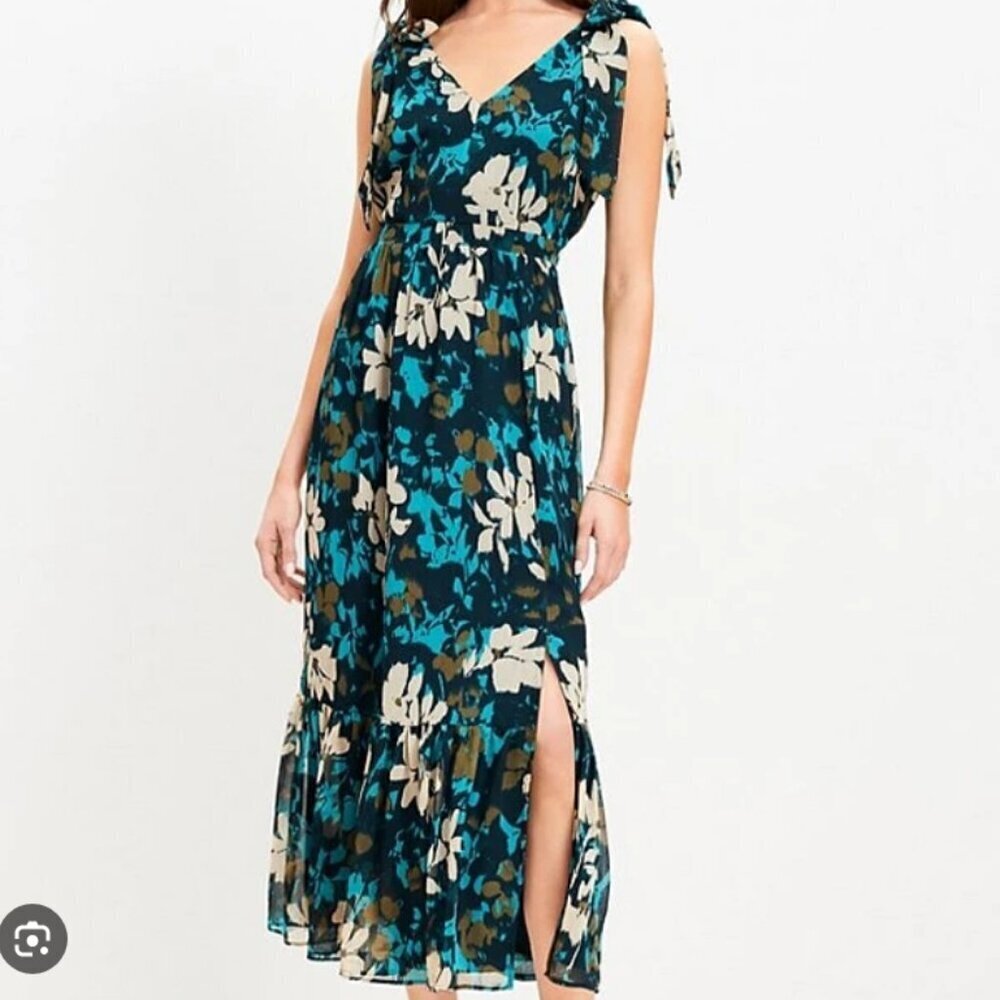 Women's 6 Whimsical Flowy Maxi Slit Tied Strap Wedding Guest Teal Chiffon Dress